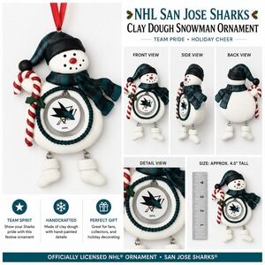 NHL San Jose Sharks Snowman Christmas Ornament Teal Black Striped Scarf Clay